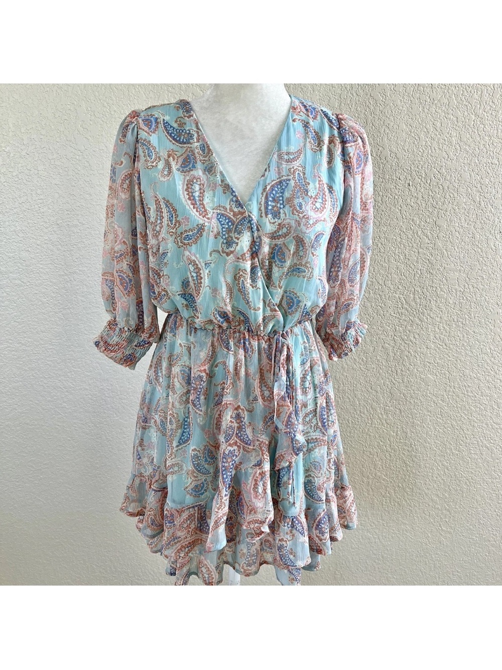Sienna Sky Paisley Wrap-Front Ruffle Hem Mini Dress in Light Blue